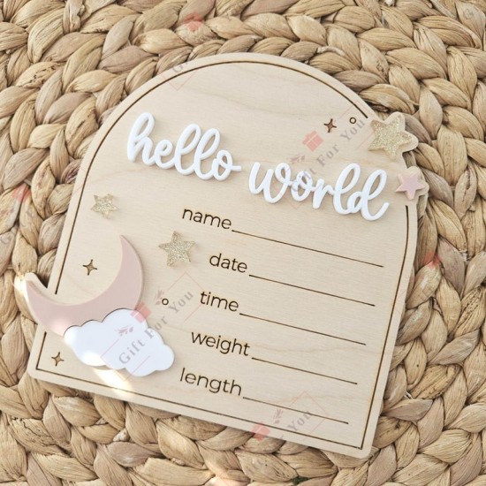Hello World Baby Birth Announcement Wooden Plaque