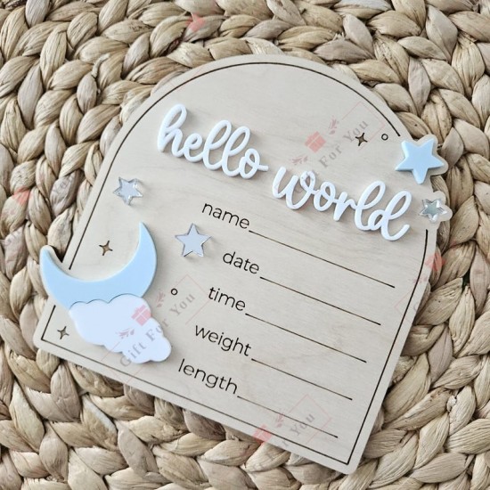 Hello World Baby Birth Announcement Wooden Plaque